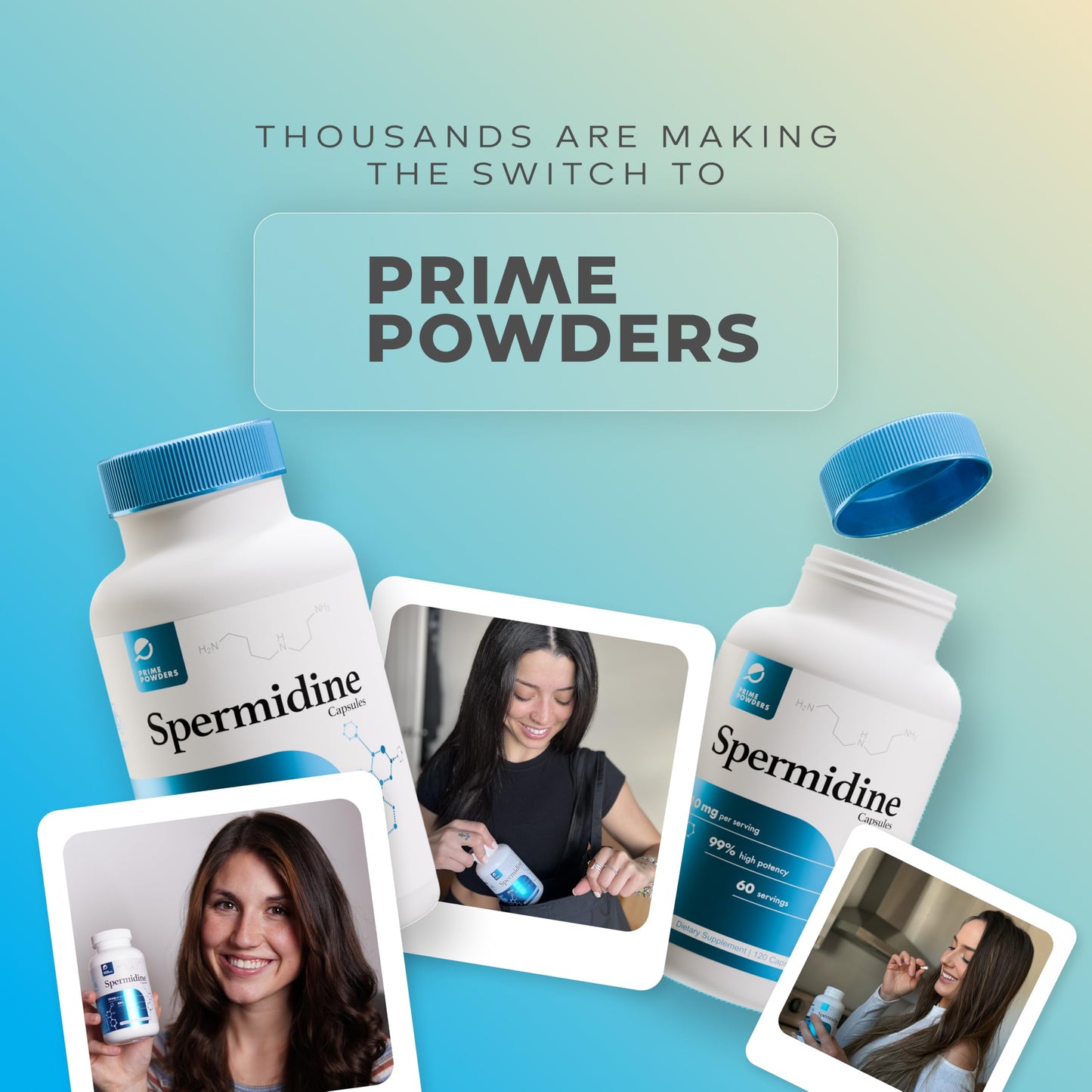 Prime Powders Spermidine Capsules โ Gluten Free, 99% Purity, 10 mg Serving, DNA Telomere Support