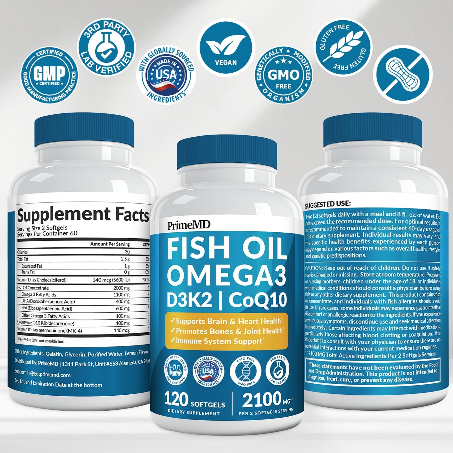 PrimeMD 5-in-1 Fish Oil Omega-3 2100mg with D3, K2 and CoQ10 β Lemon (120 softgels, Pack of 3)