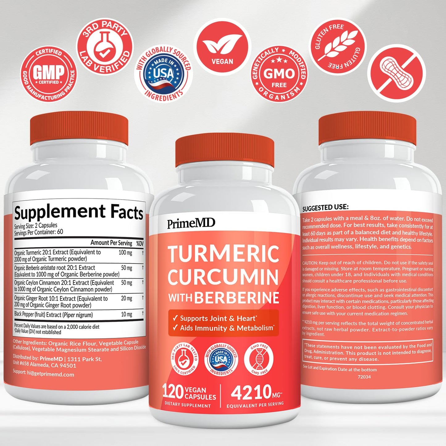PrimeMD 5-in-1 Organic Turmeric Curcumin with Berberine & Bioperine β 120 ct (Pack of 3)