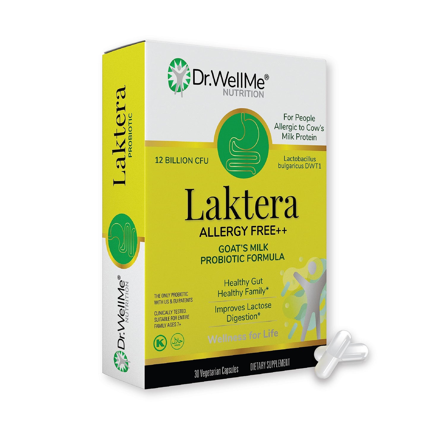 Dr. WellMe Laktera Allergy-Free Probiotics โ 30 Caps, Goat Milk Formula, 12B CFU, Immune & Gut Health, Low Lactose, Gluten-Free