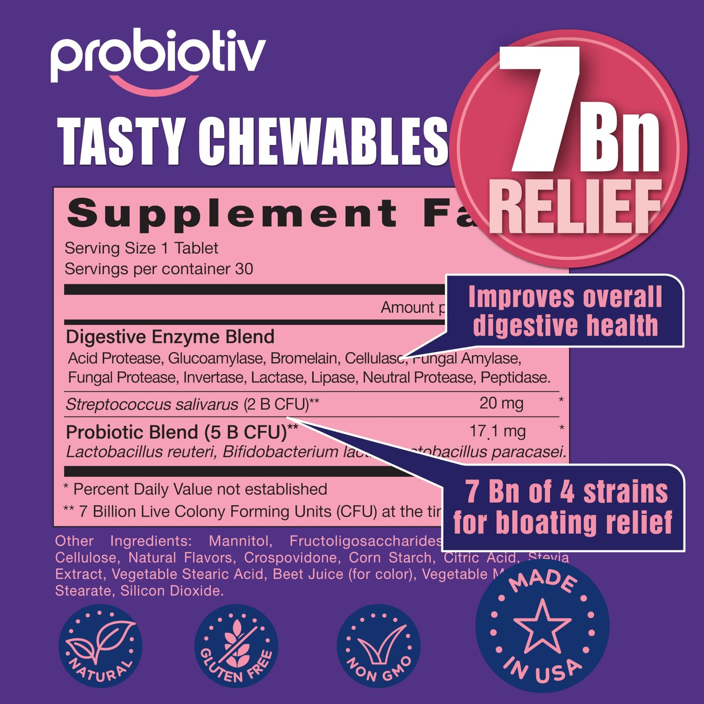 Probiotiv Gas & Bloating Support โ 7B CFU Chewable Probiotics for Gut Comfort