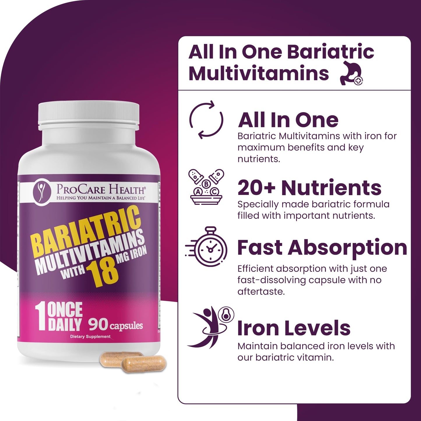 ProCare Health Bariatric Multivitamin with Iron โ 3 Month Supply (90 Capsules) | Post-Op Vitamins