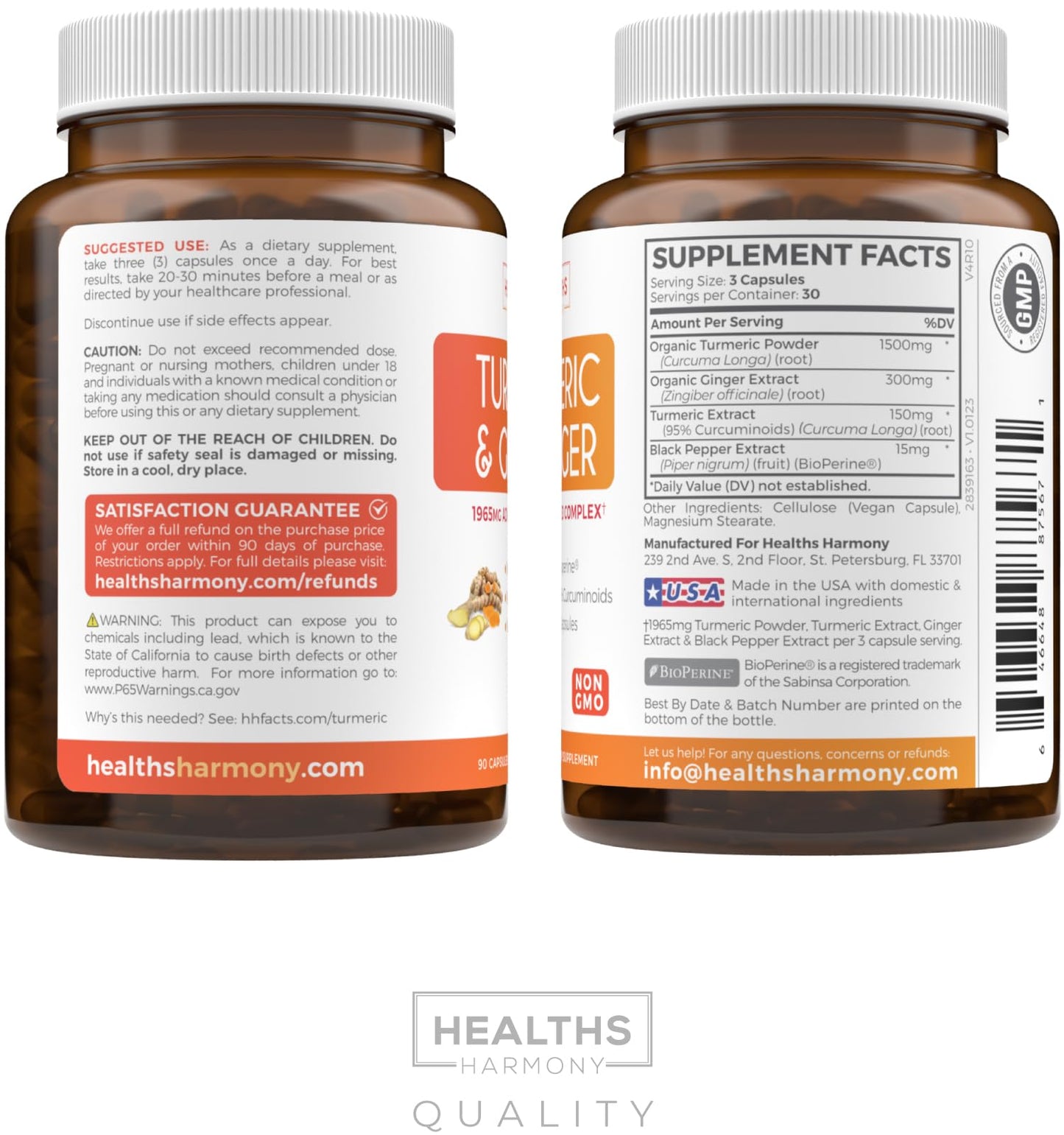 Turmeric and Ginger Supplement (Non-GMO) 1980mg Serving β Curcumin 95% with Black Pepper Bioperine, Ginger Extract, 90 Capsules