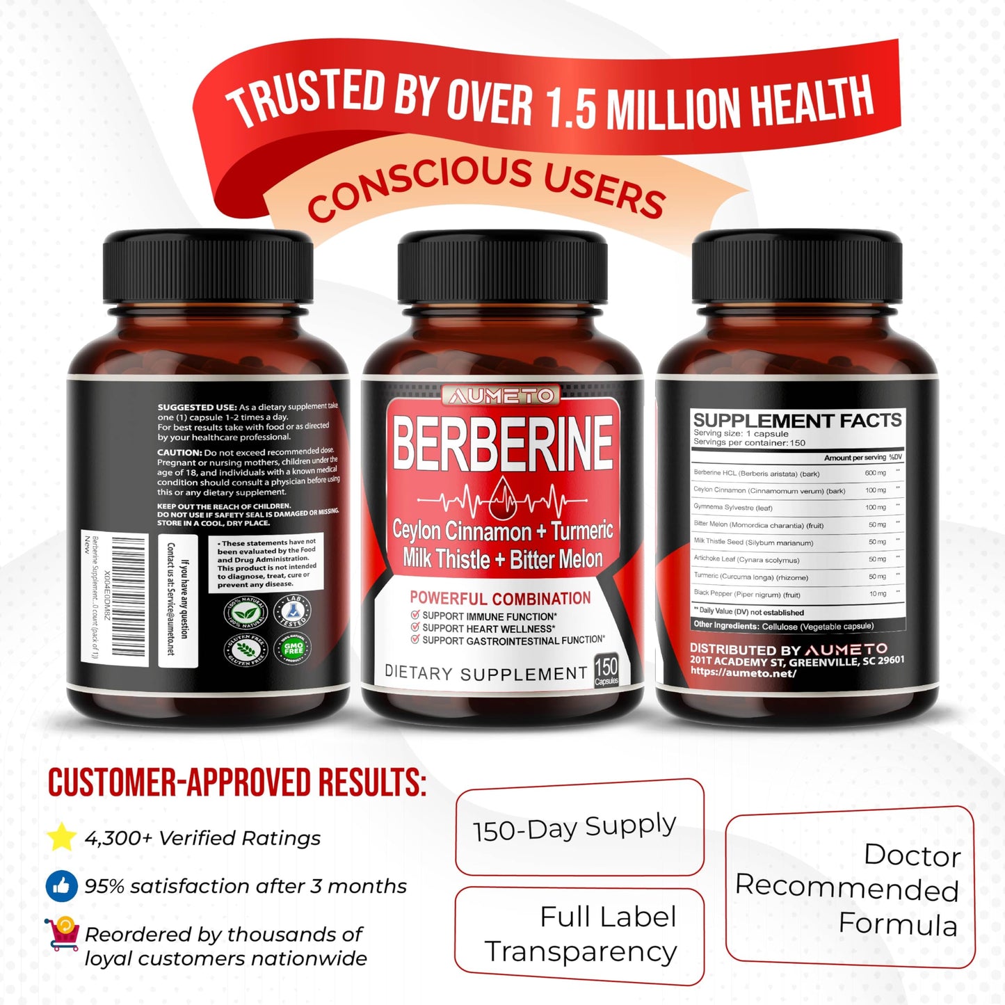 Berberine Supplement with Cinnamon, Turmeric & Milk Thistle โ 150 Count