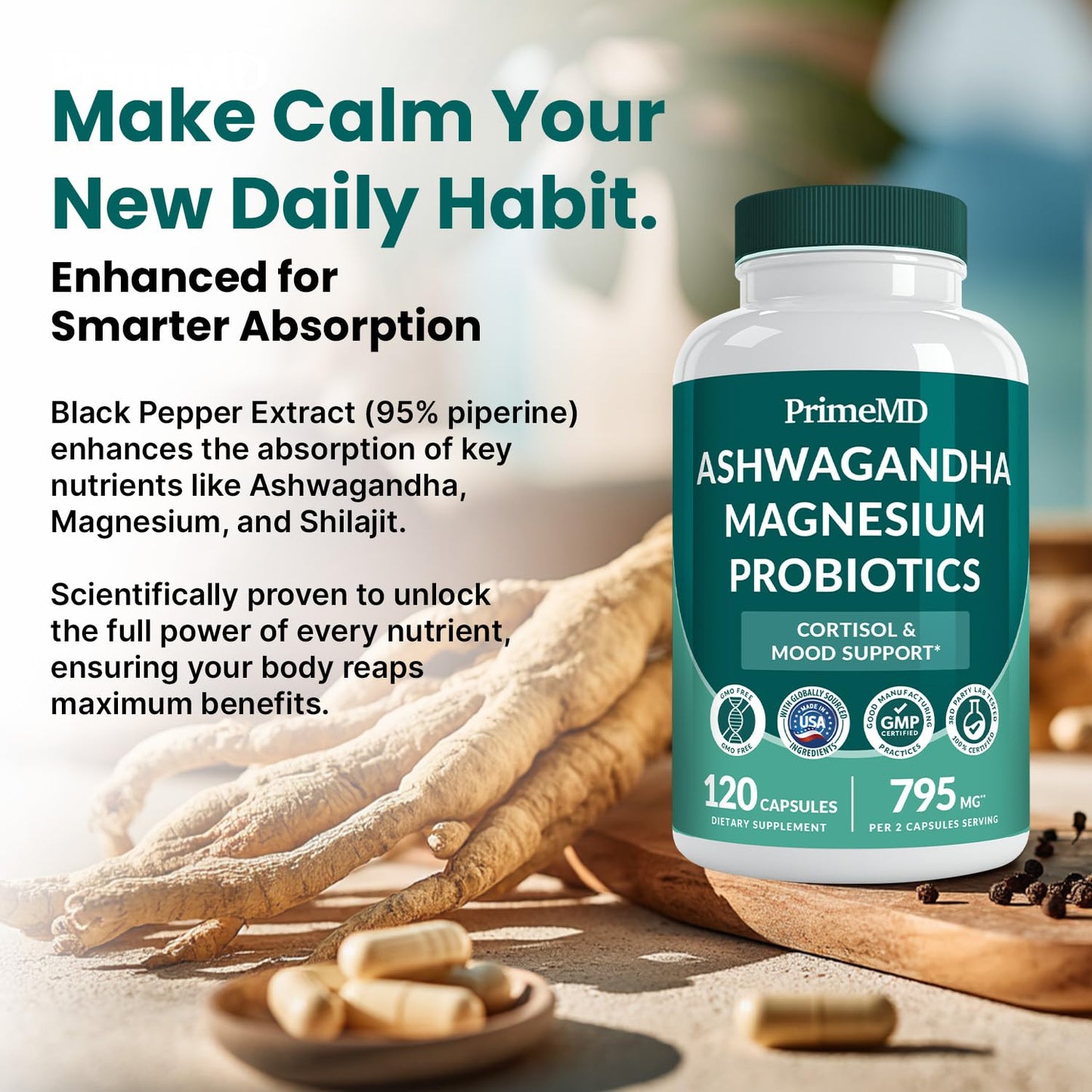5-in-1 Cortisol Support for Women & Men โ Ashwagandha, Magnesium Glycinate, Shilajit, Probiotics (120 ct)