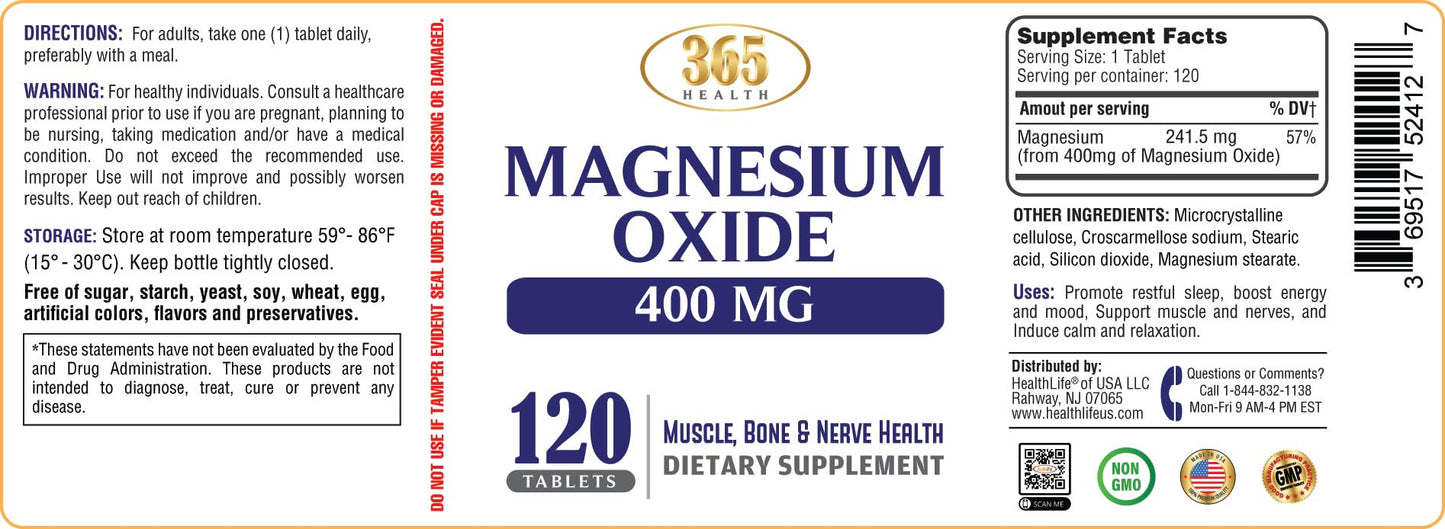 Magnesium 400mg High Potency โ USA Made Magnesium Oxide, 120 Tablets