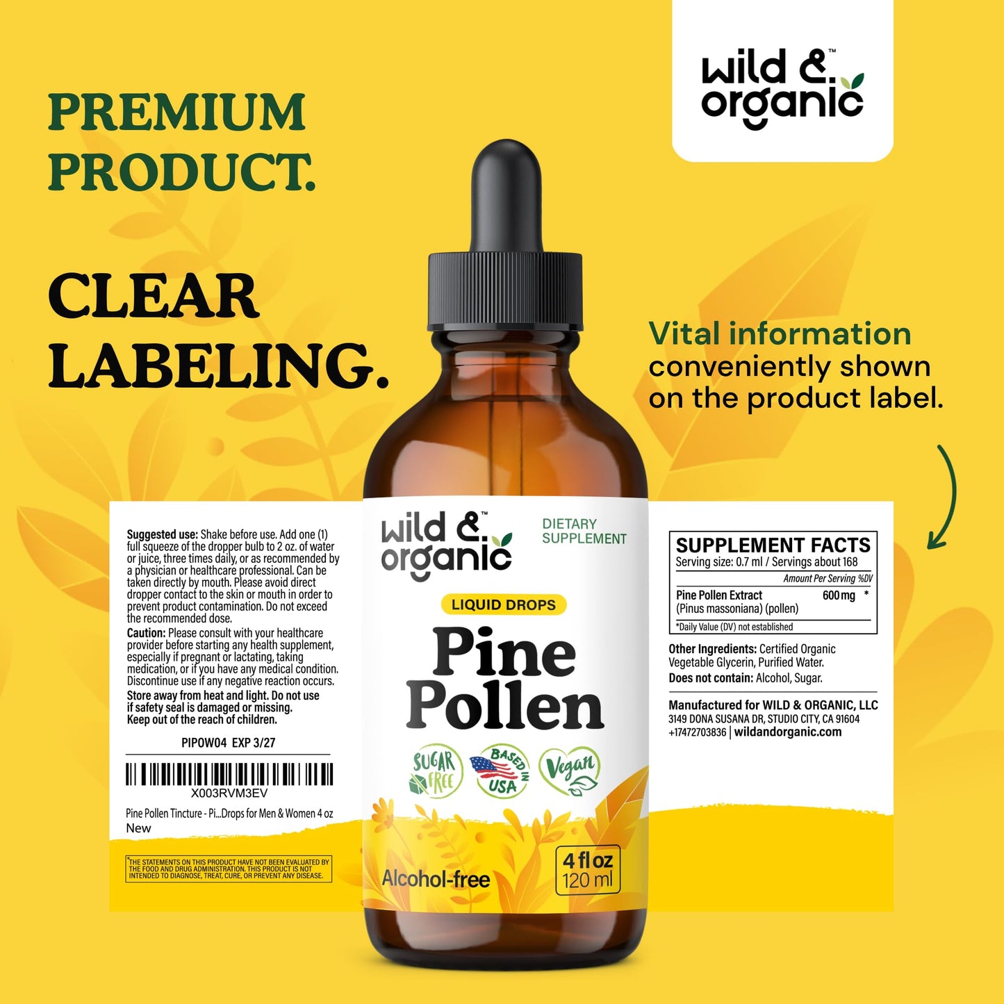 Wild & Organic Pine Pollen Tincture โ Vegan, Alcohol-Free, 4 oz