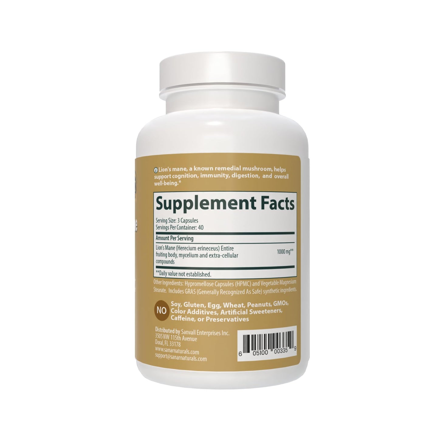 Sanar Naturals Lion's Mane Supplement โ Brain Function, Memory & Immune Support, 120 Capsules
