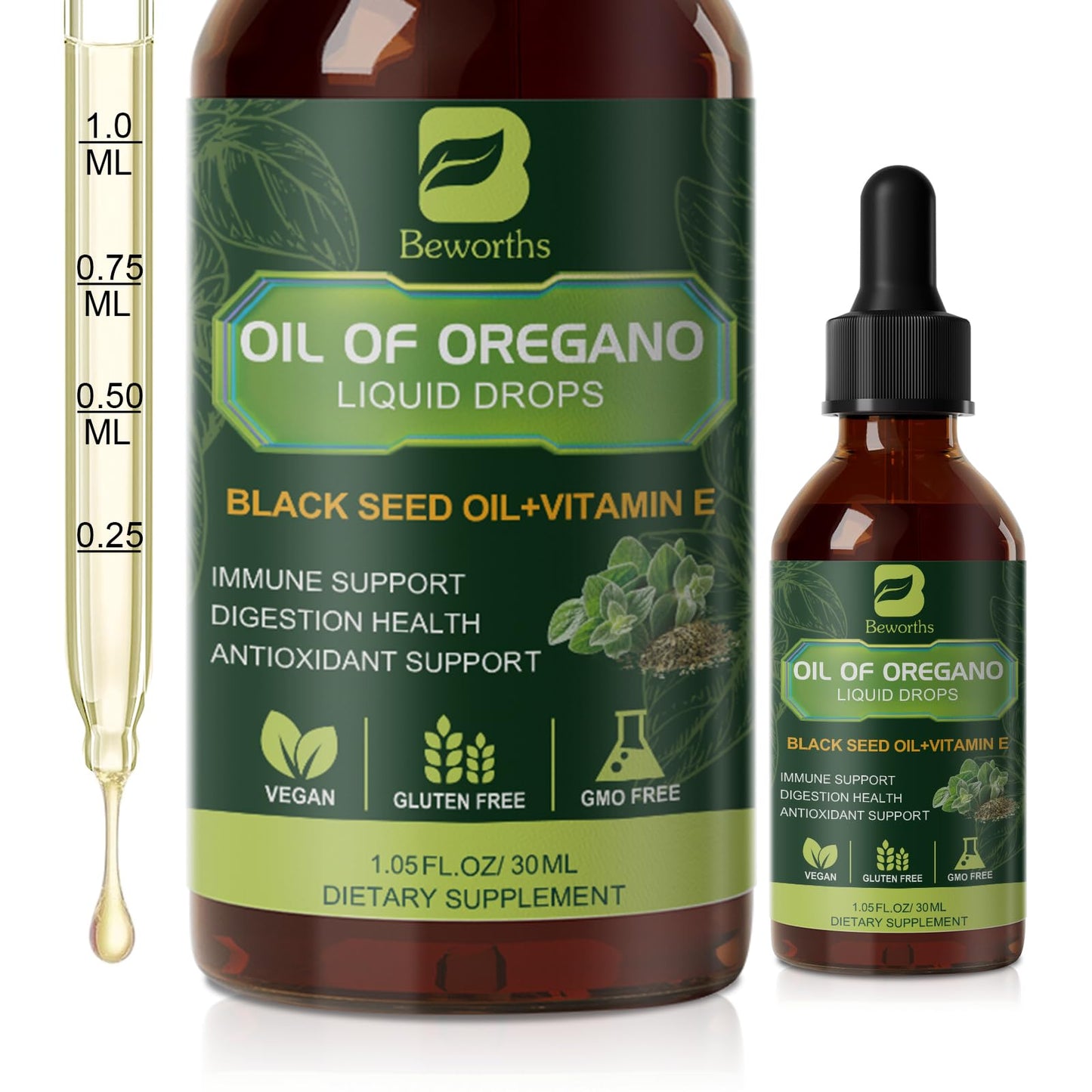 Oregano Oil Drops with Black Seed Oil & Vitamin E โ Immune Support | Vegan & Non-GMO | 1 Fl Oz