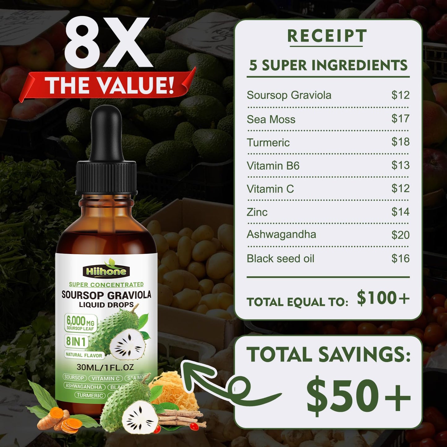 8 in 1 Graviola Soursop Liquid โ Immune & Liver Support, Antioxidant, 1 Fl Oz
