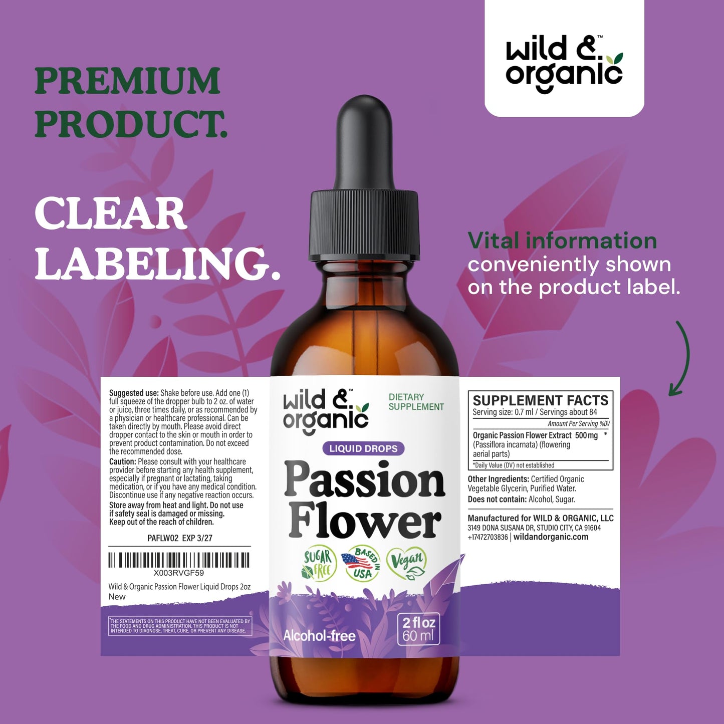 Wild & Organic Passionflower Tincture โ 2 oz, Vegan & Alcohol-Free