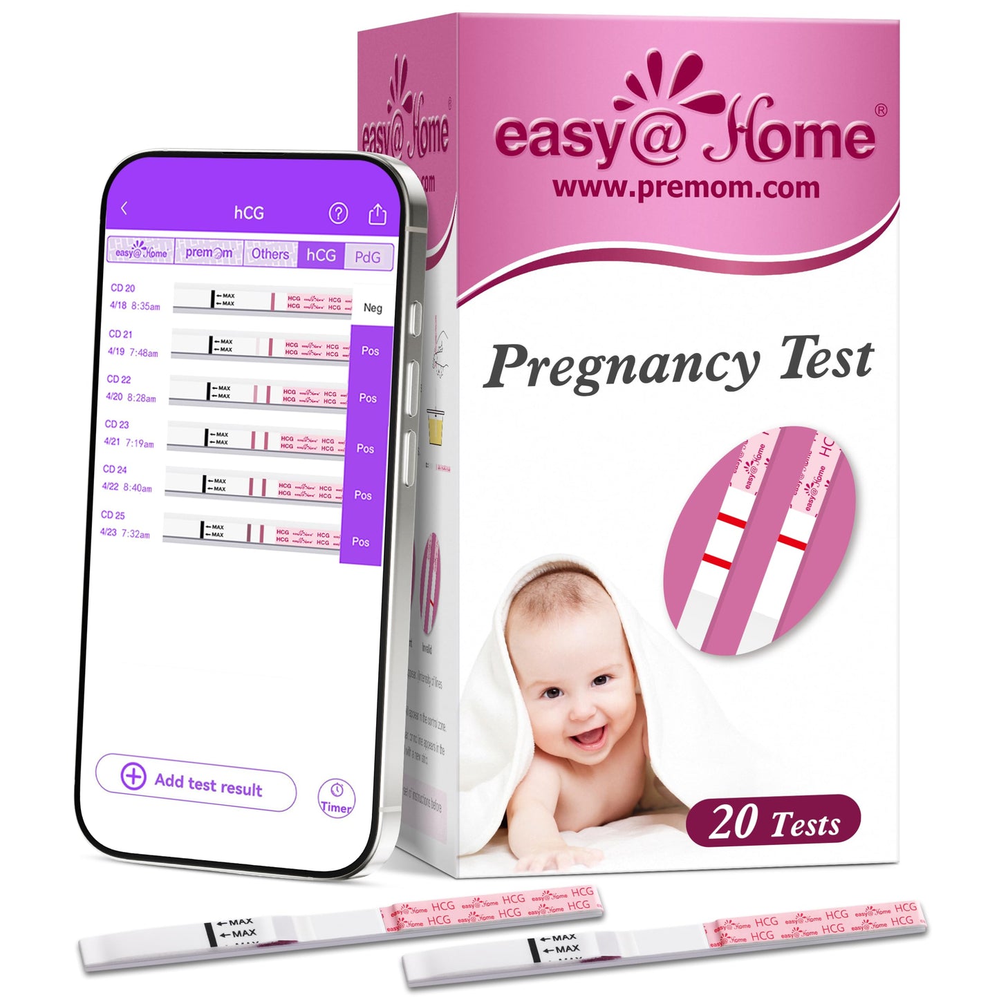 Easy@Home 20-Pack Pregnancy Test Strips โ Early hCG Detection with Premom App (Bulk)