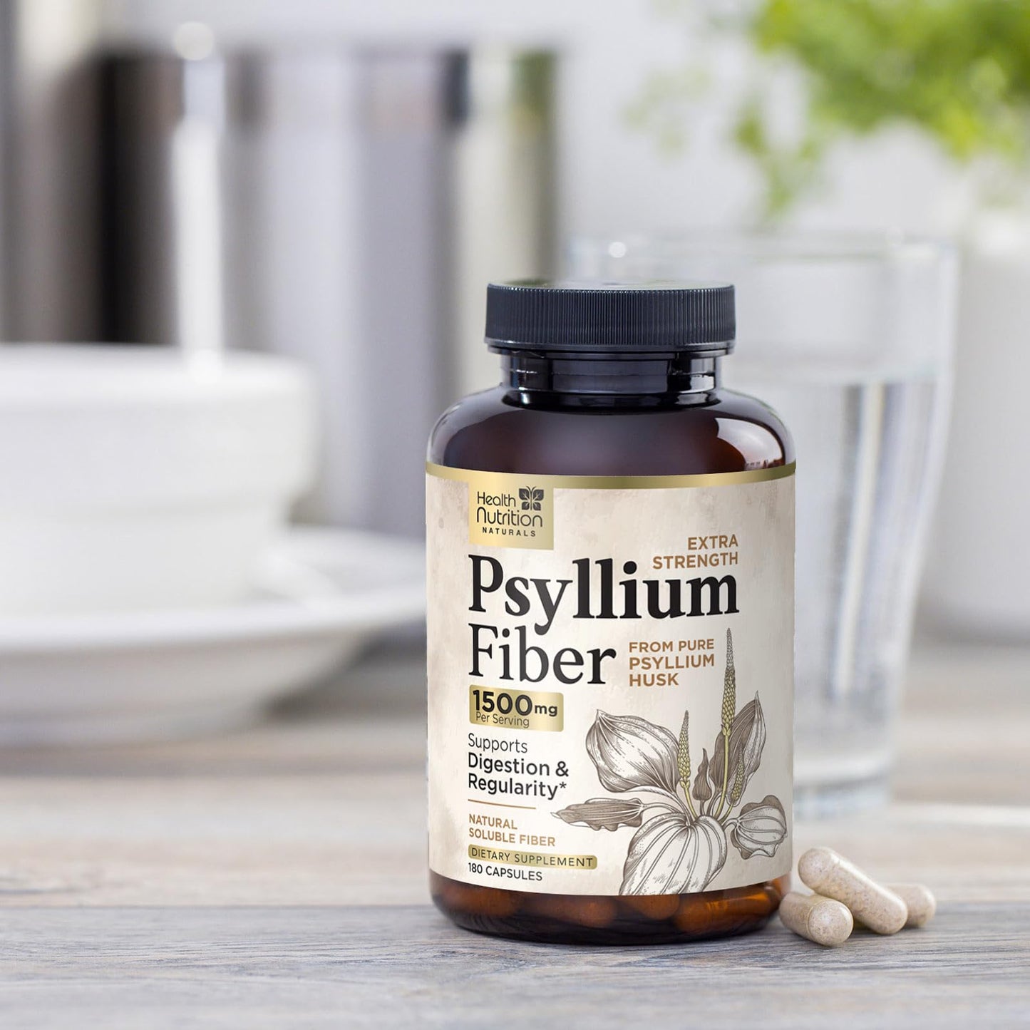 Psyllium Husk Capsules 1500 mg โ Vegan Fiber Supplement for Digestive Health & Regularity | Non-GMO, 180 Veggie Capsules