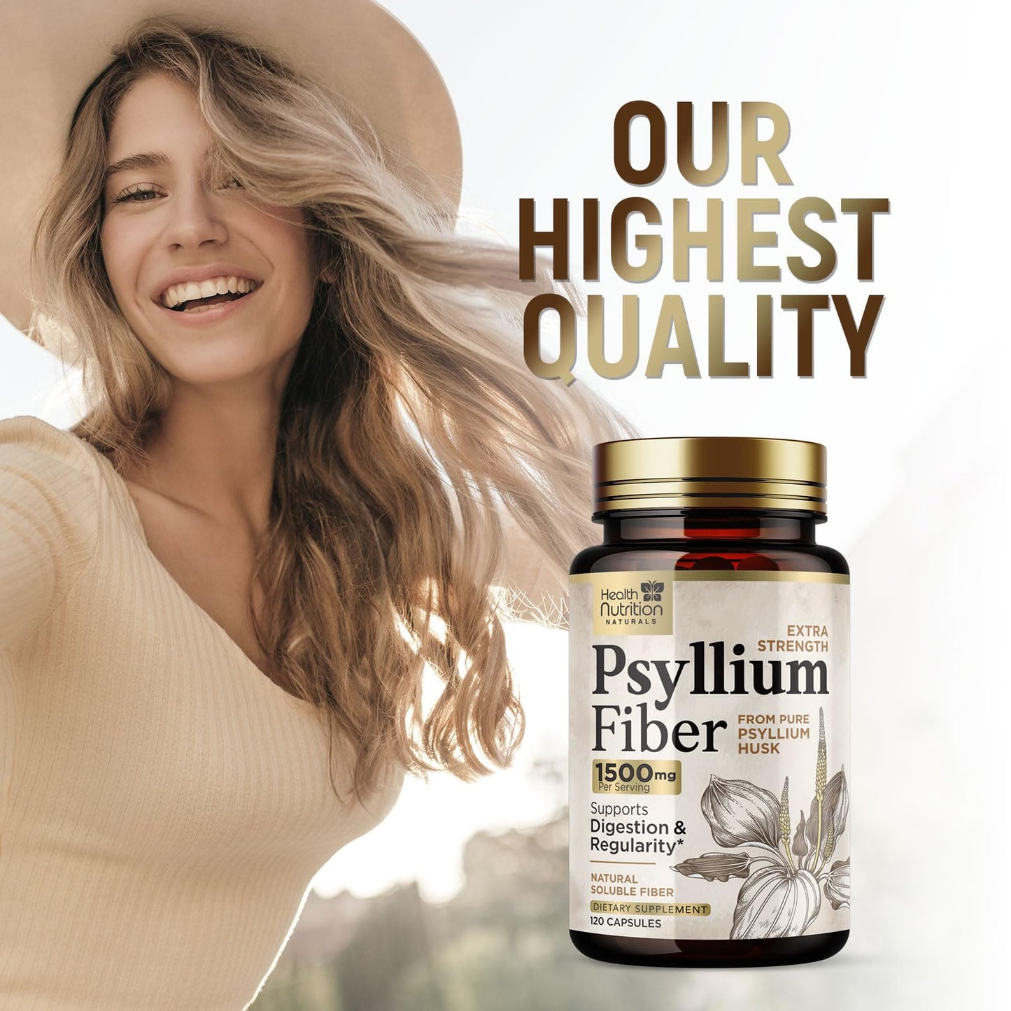 Psyllium Husk Capsules 1500 mg โ Plant-Based Fiber (Vegan, Non-GMO) 120 Caps