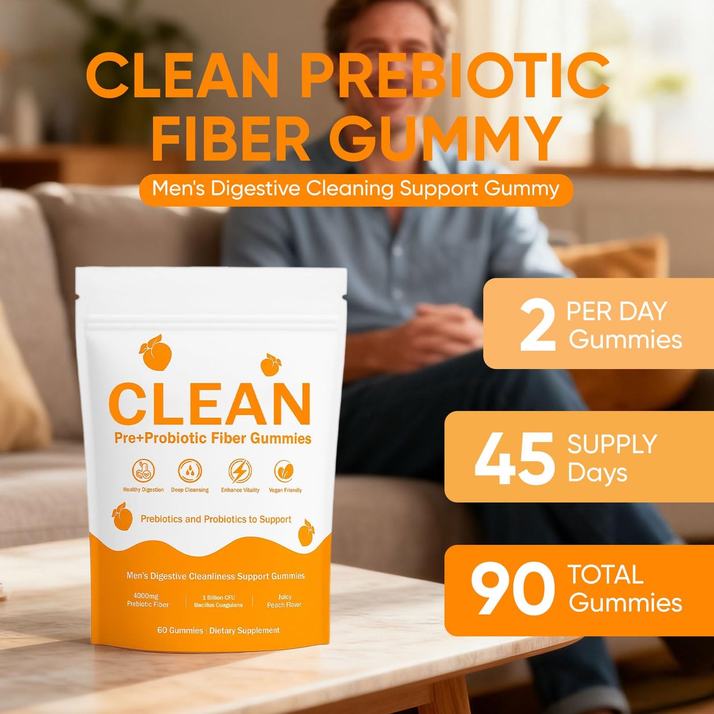 pucges Clean Prebiotic Fiber Gummies for Men โ Peach Flavor, Sugar-Free, 60 Count