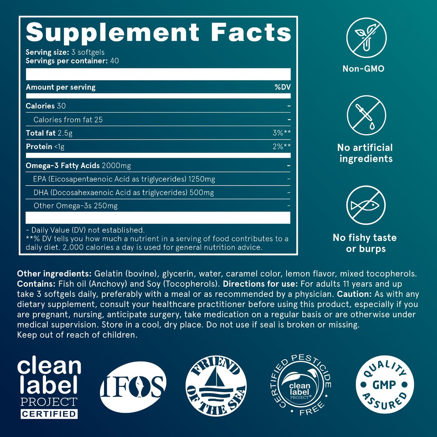 Puori O3 Omega-3 Fish Oil β Burpless, Wild-Caught, 2000mg Omega-3 (EPA 1250mg / DHA 500mg), 240 Softgels, IFOS Certified