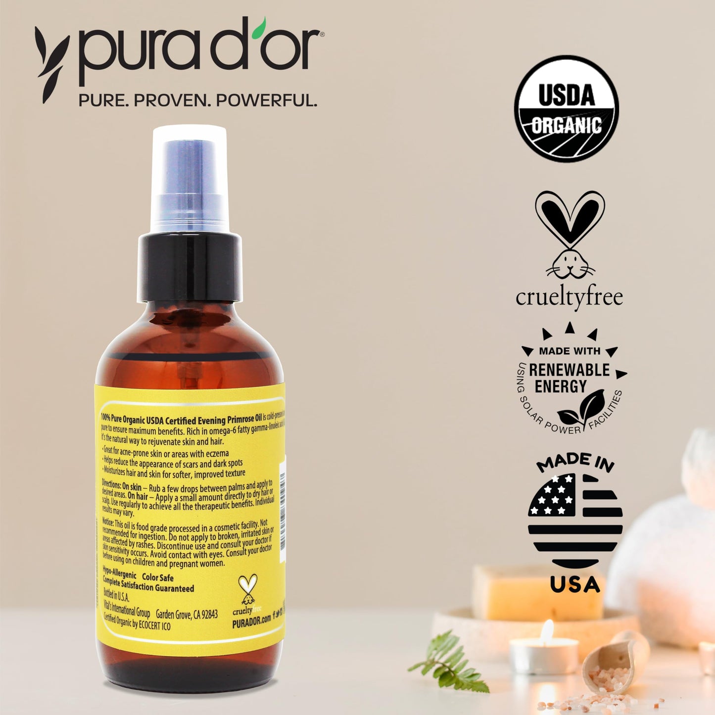 PURA D'OR Organic Evening Primrose Oil (4oz) โ Pure Cold-Pressed, Essential Fatty Acids & Antioxidants for Skin, Hair & Face