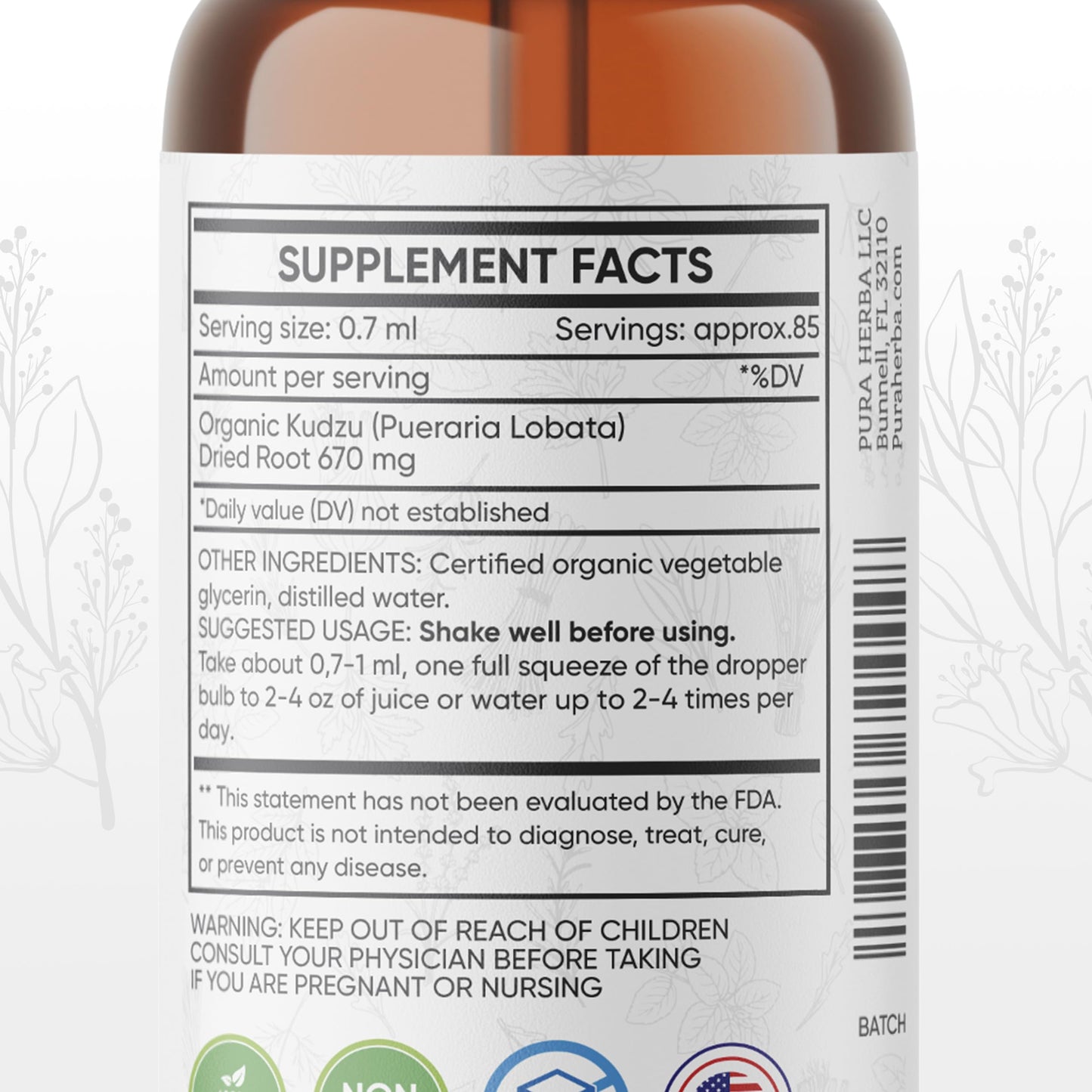 Pura Herba Organic Kudzu Root Extract โ Alcohol-Free, Vegan, Non-GMO, Made in USA โ 2 Fl Oz