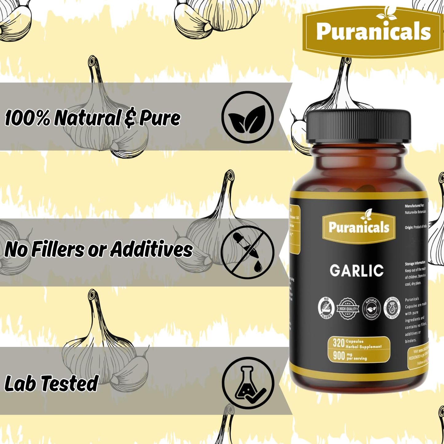 Puranicals Garlic Premium 320 Capsules โ Non-GMO, Gluten Free | 900 mg/serving