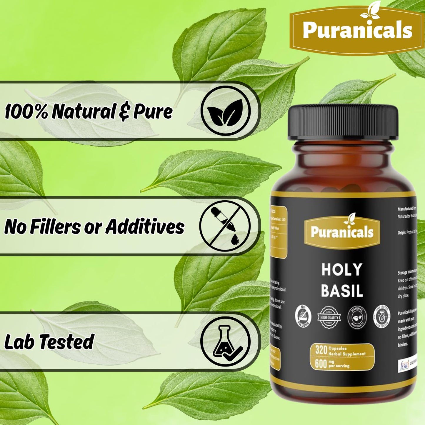 Puranicals Holy Basil Premium 320 Capsules β 600 mg per Serving | Non-GMO, Gluten-Free