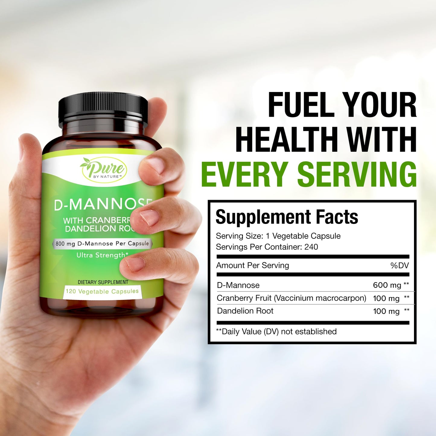 Pure By Nature D-Mannose with Cranberry & Dandelion Root โ 120 Count | Natural UTI Relief