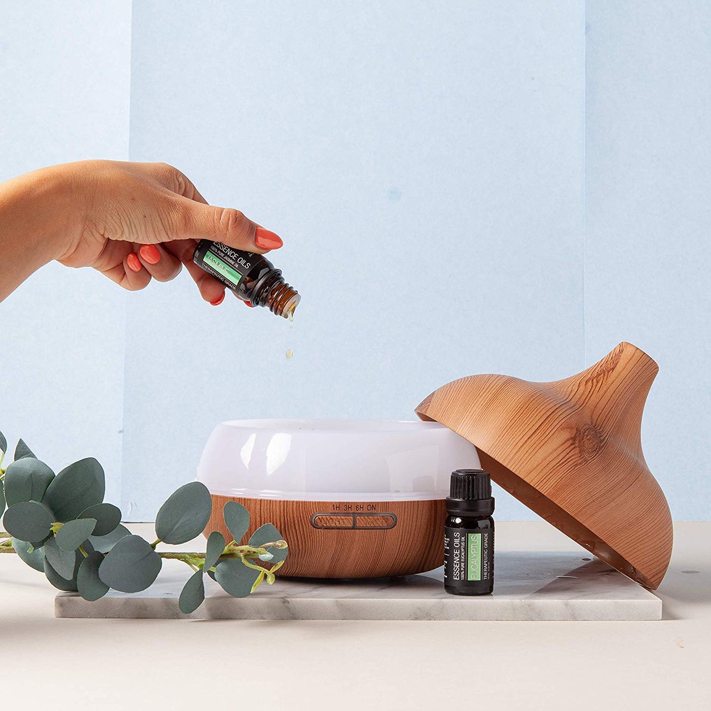 Pure Daily Care Essence Diffuser 300ml + Top 10 Essential Oils Set โ 4 Timers, 7 Ambient Lights