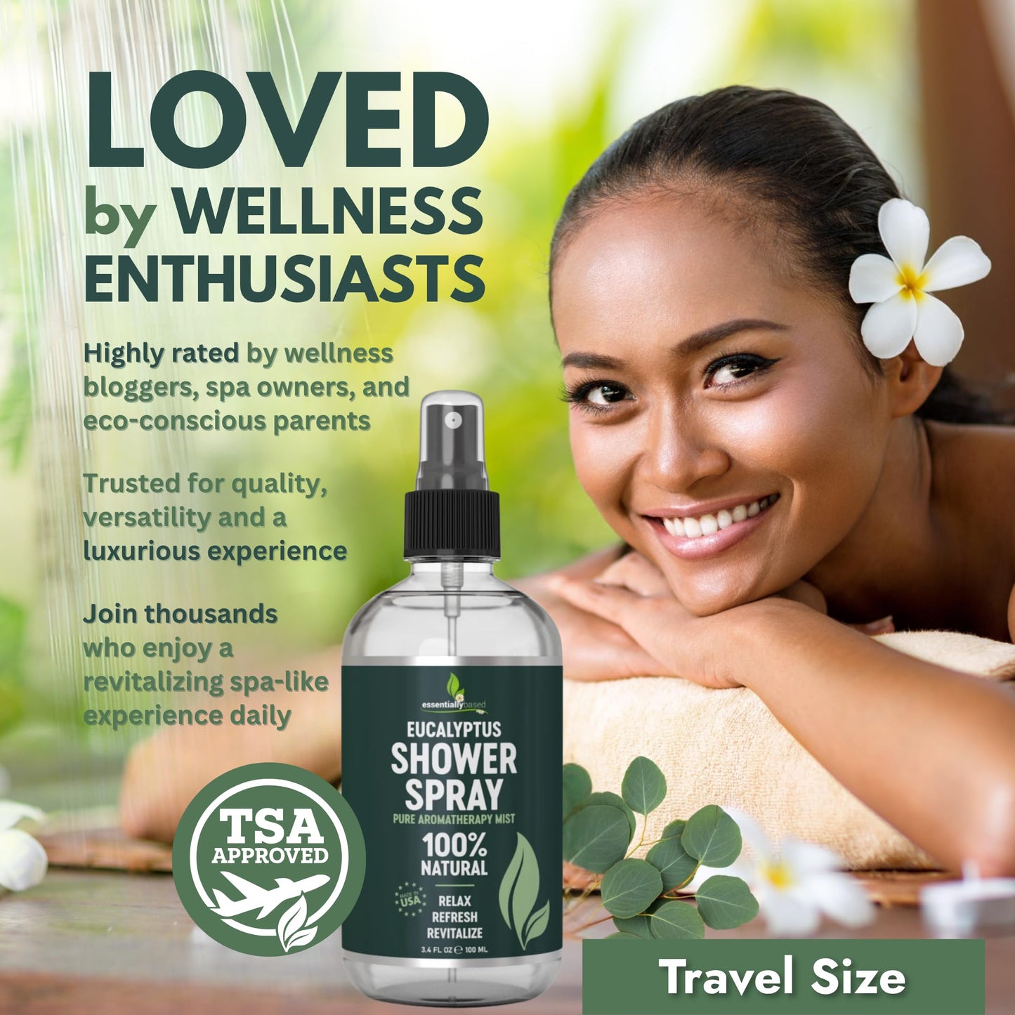 Pure Eucalyptus Shower Spray Travel Size (3.4oz) โ 100% Organic Eucalyptus Oil โ TSA Approved โ Made in USA