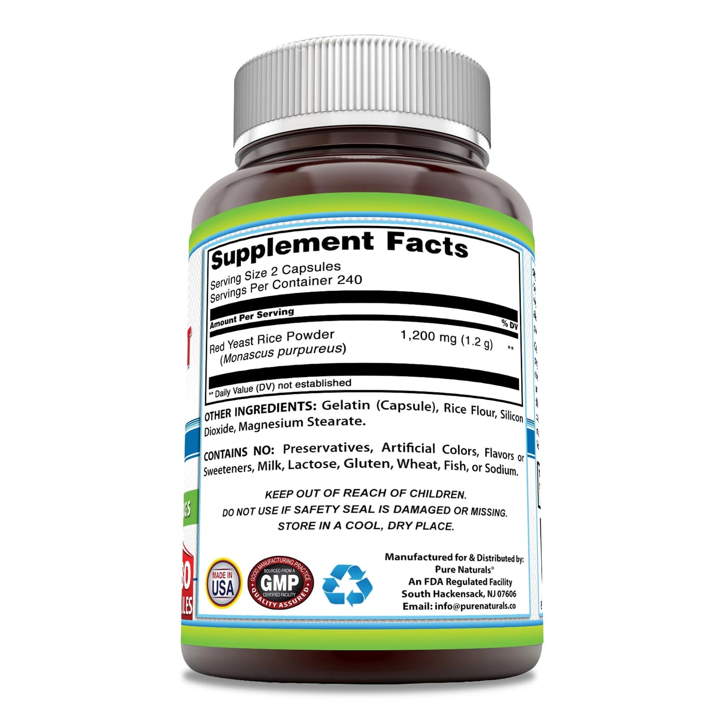 Pure Naturals Red Yeast Rice 1200 mg per Serving โ 480 Capsules | Non-GMO, Gluten Free, Made in USA
