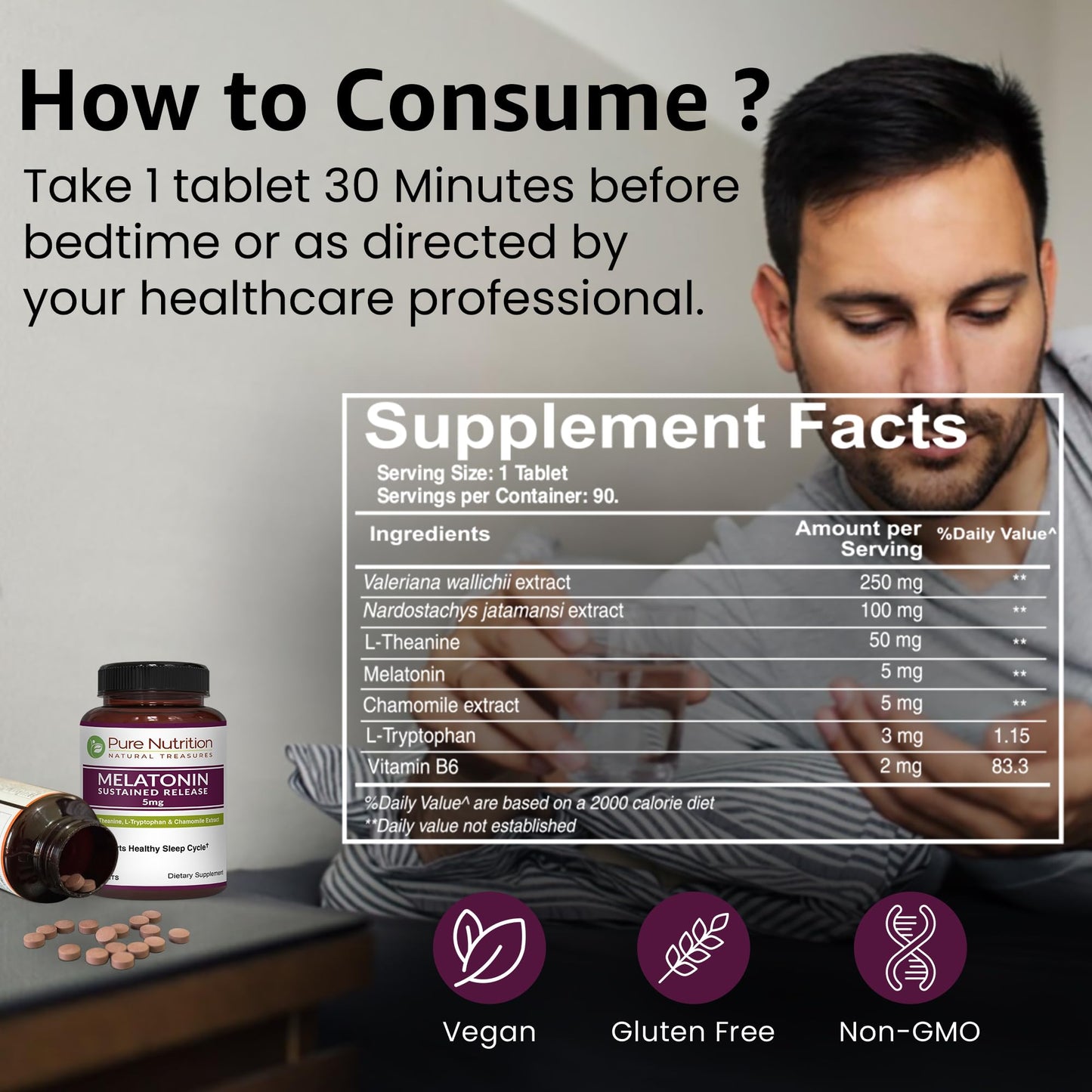 Pure Nutrition Melatonin 5mg with Valeriana wallichii โ 90 Tabs | Non-Addictive Sleep Support