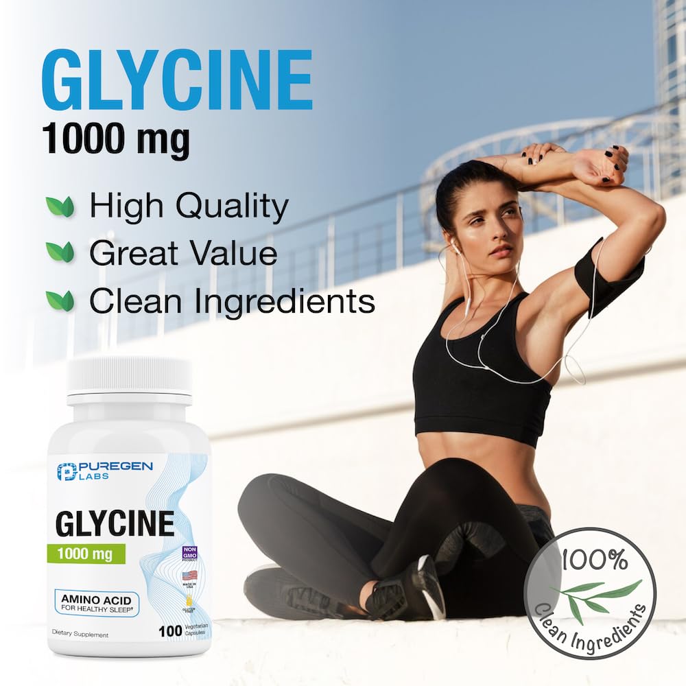 Puregen Labs Glycine 1000mg โ 100 Vegetarian Capsules | Sleep Support | Made in USA