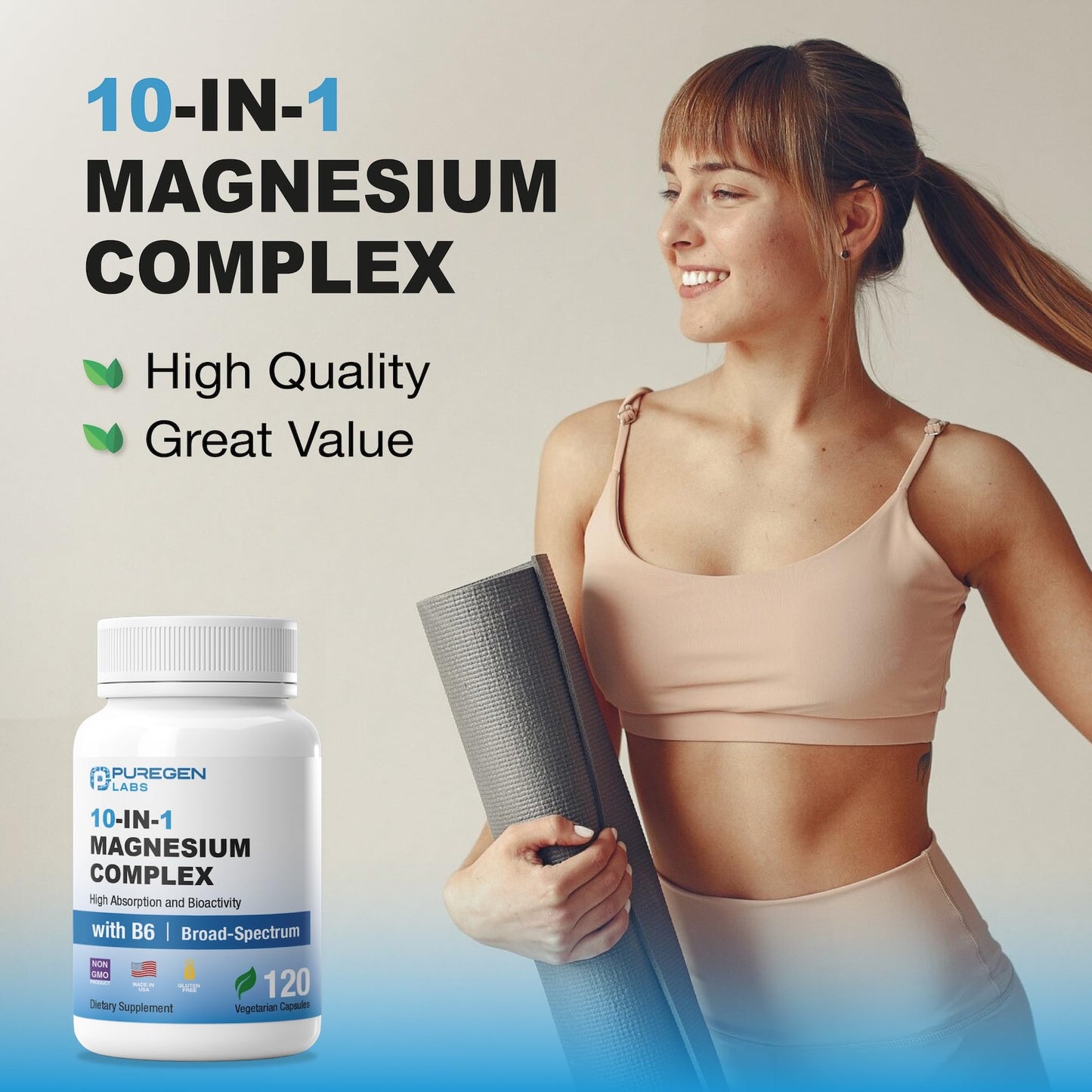 Puregen Labs 10-in-1 Magnesium Complex 500mg with B6 - 120 Veggie Capsules - High Absorption, Bioactivity, Non-GMO, Gluten & Dairy Free - Made in USA