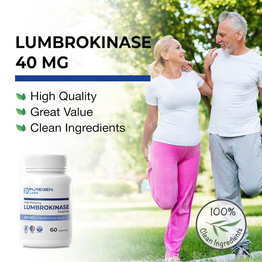 Puregen Labs Lumbrokinase 40mg per Capsule โ High Potency Enzymes | Non-GMO, Gluten Free, Made in USA | 120 Vegetarian Capsules