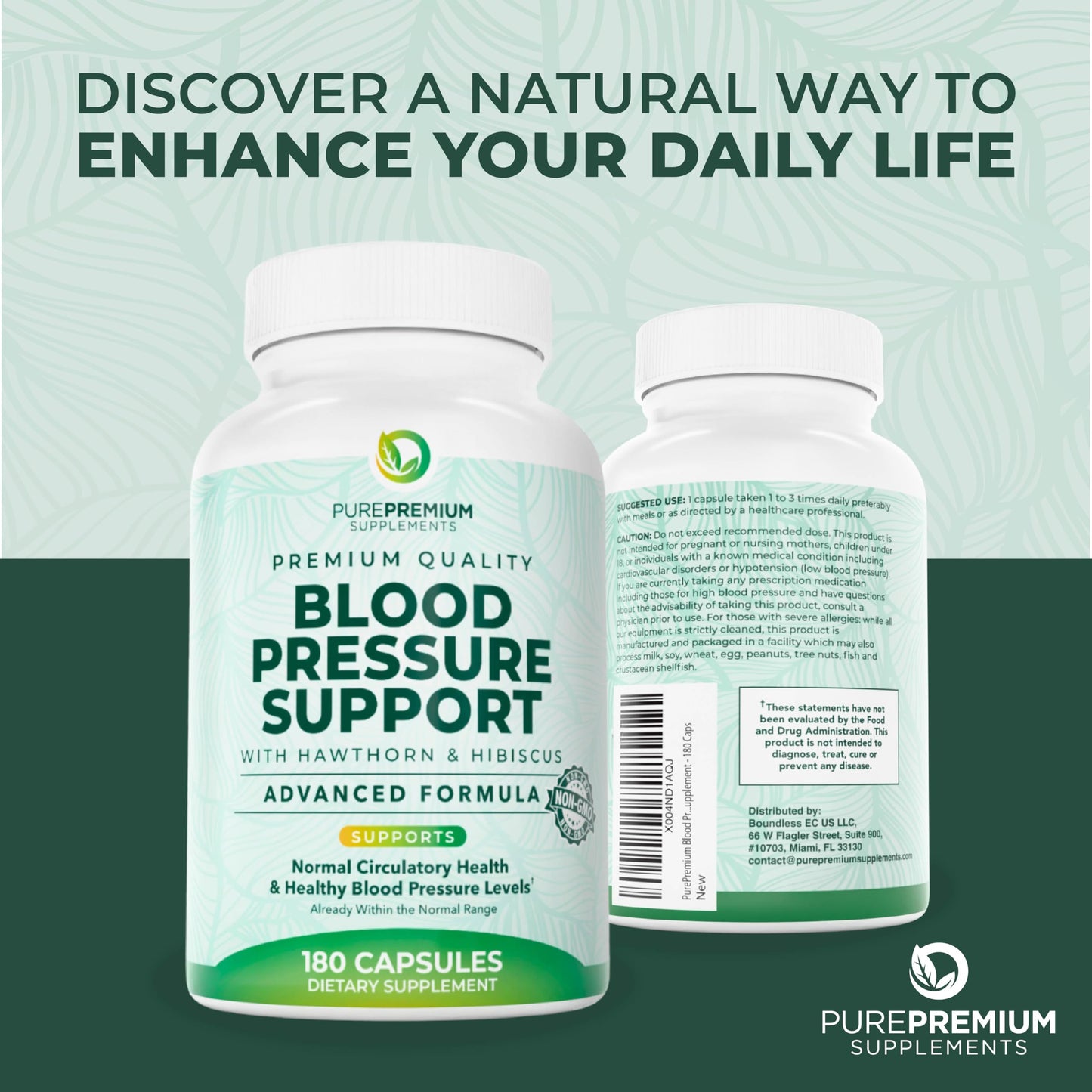 PurePremium Blood Pressure Supplements with Hawthorn, Hibiscus, Garlic & Vitamin B12 โ Nitric Oxide & Circulation Support (180ct)