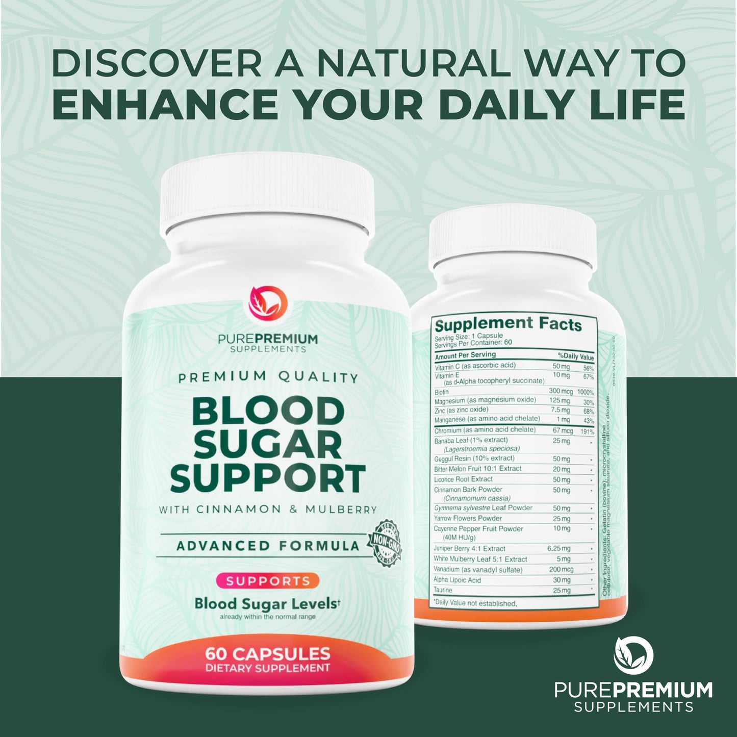 PurePremium Normal Blood Sugar Support โ 60ct (20 Active Ingredients) Cinnamon, Bitter Melon, Chromium, Mulberry