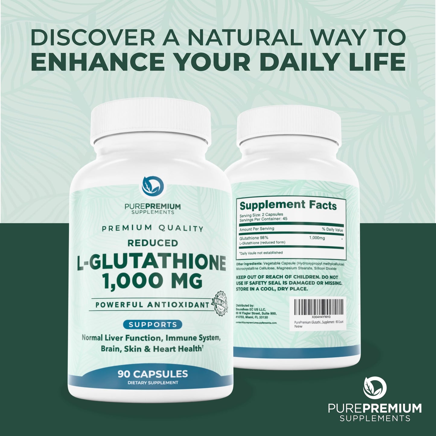 PurePremium Reduced Glutathione 1000mg โ 90 Capsules | Antioxidant Liver Brain Skin Heart