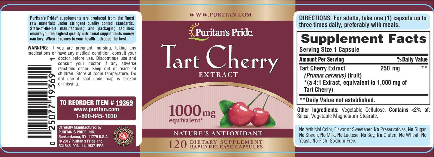 Puritans Pride Tart Cherry Extract 1000 Mg โ 120 Count Capsules