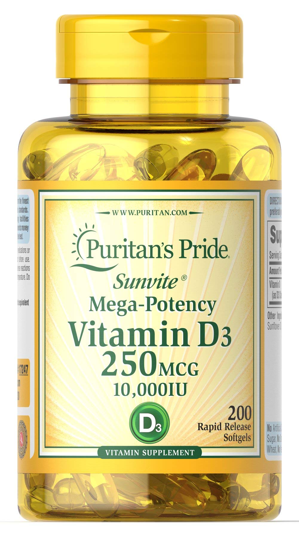 Puritan's Pride Vitamin D3 250 mcg (10,000 IU) Softgels โ 200 Count (Discontinued)