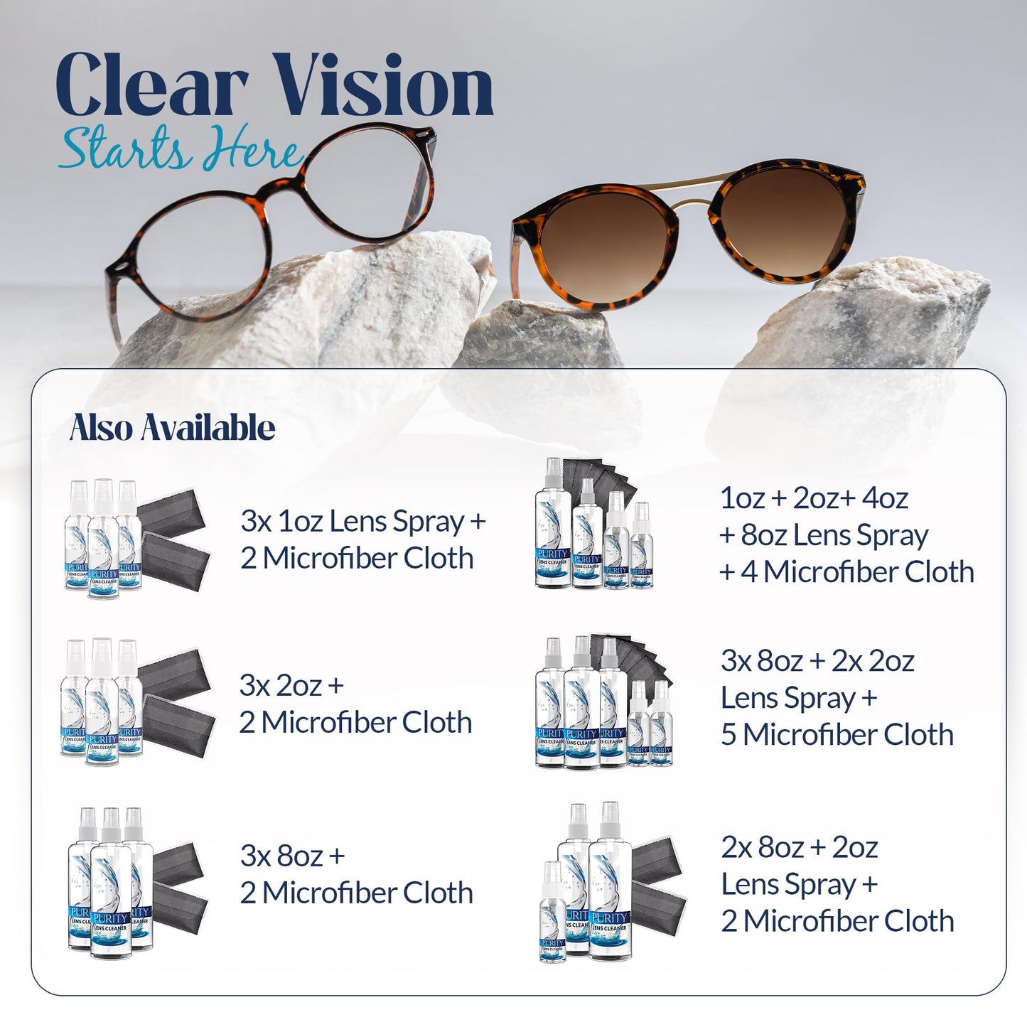 Purity Eyeglass Lens Cleaner Kit โ 3 Travel-Size 2oz Bottles + 2 Microfiber Cloths | Safe for All Lenses & AR Coated