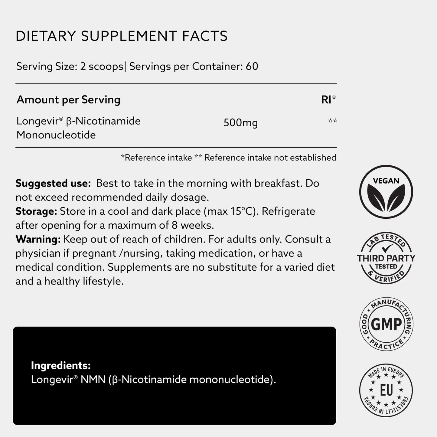 PUROVITALIS NMN Powder โ 99% Pure Longevir Nicotinamide Mononucleotide, NAD+ Support, 30g (2-Month Supply)