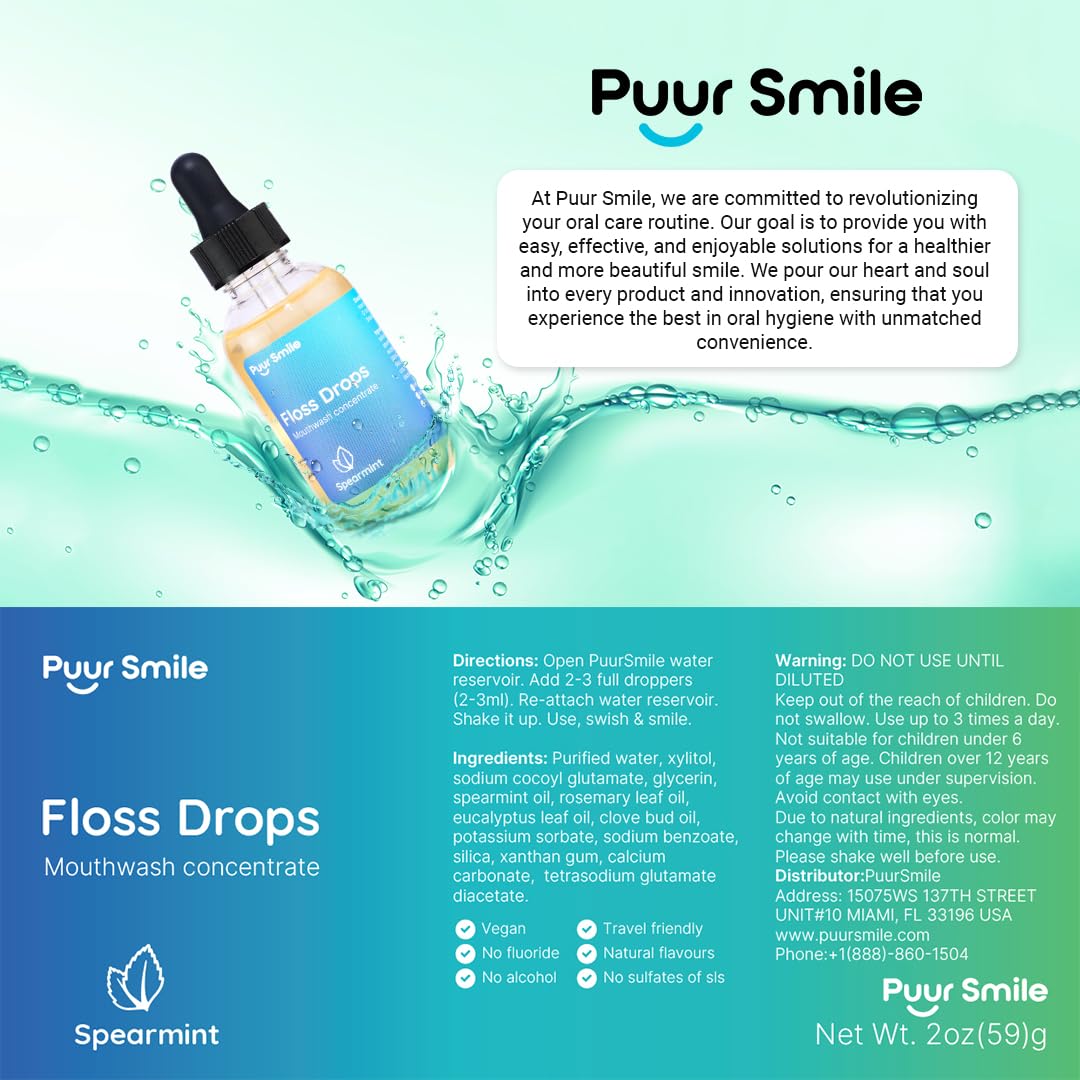 Puur Smile Floss Drop Serum โ 2oz Concentrated Mouthwash for Water Flosser | Spearmint & Oral Health