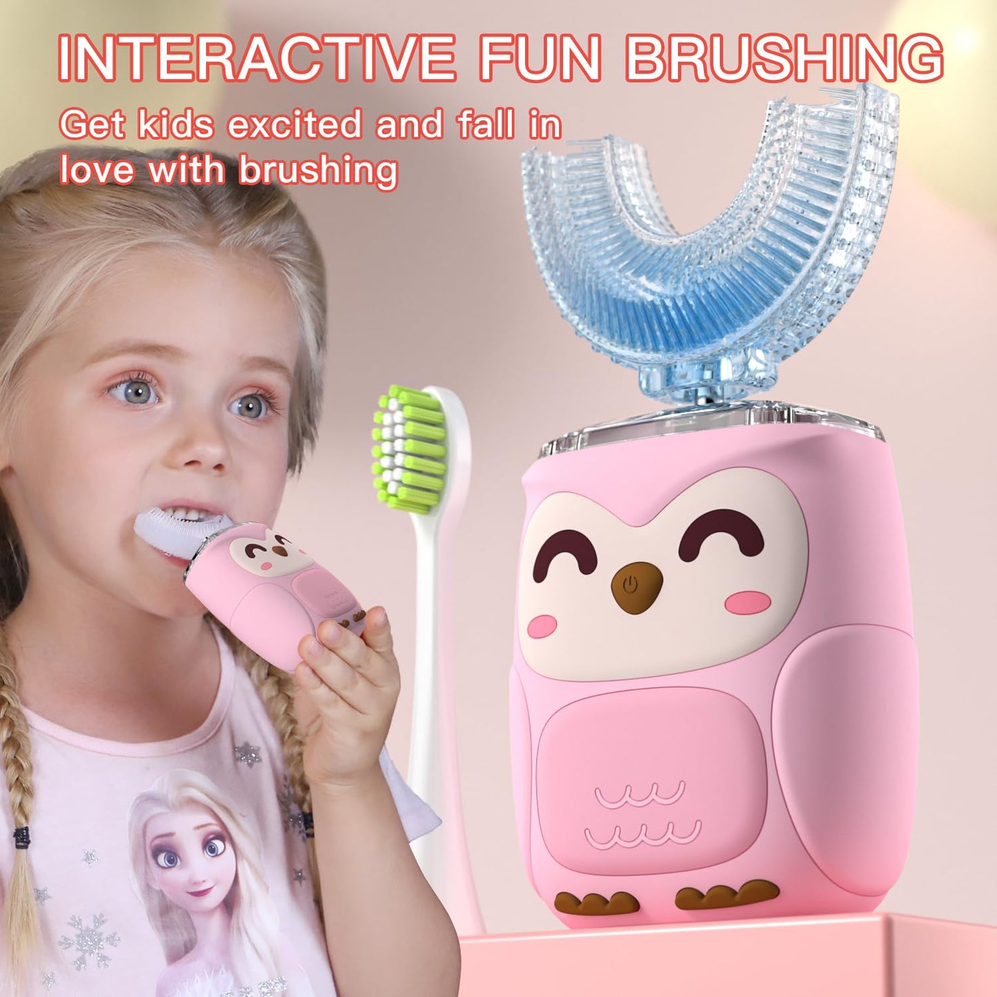 PVOGRT Kids Electric U-Shaped Toothbrush โ 6 Modes, 4 U-Head, Pink