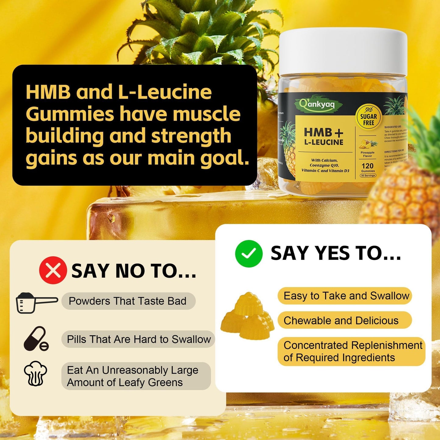 Q'ankyaq 3000mg HMB Gummies โ Muscle Growth & Recovery, Vitamin D3, Sugar Free, 120 Counts