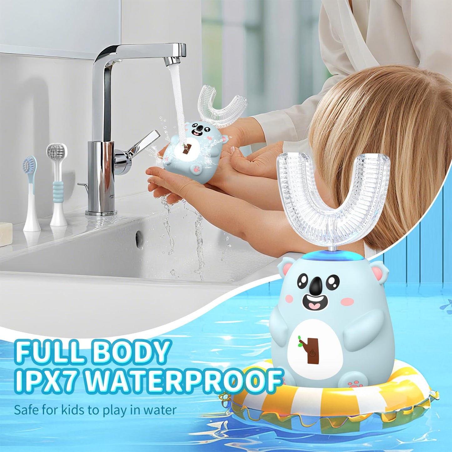 QDCYP Kids U-Shaped Electric Toothbrush | 6 Modes, 4 Brush Heads, Koala Design (Ages 2-6)
