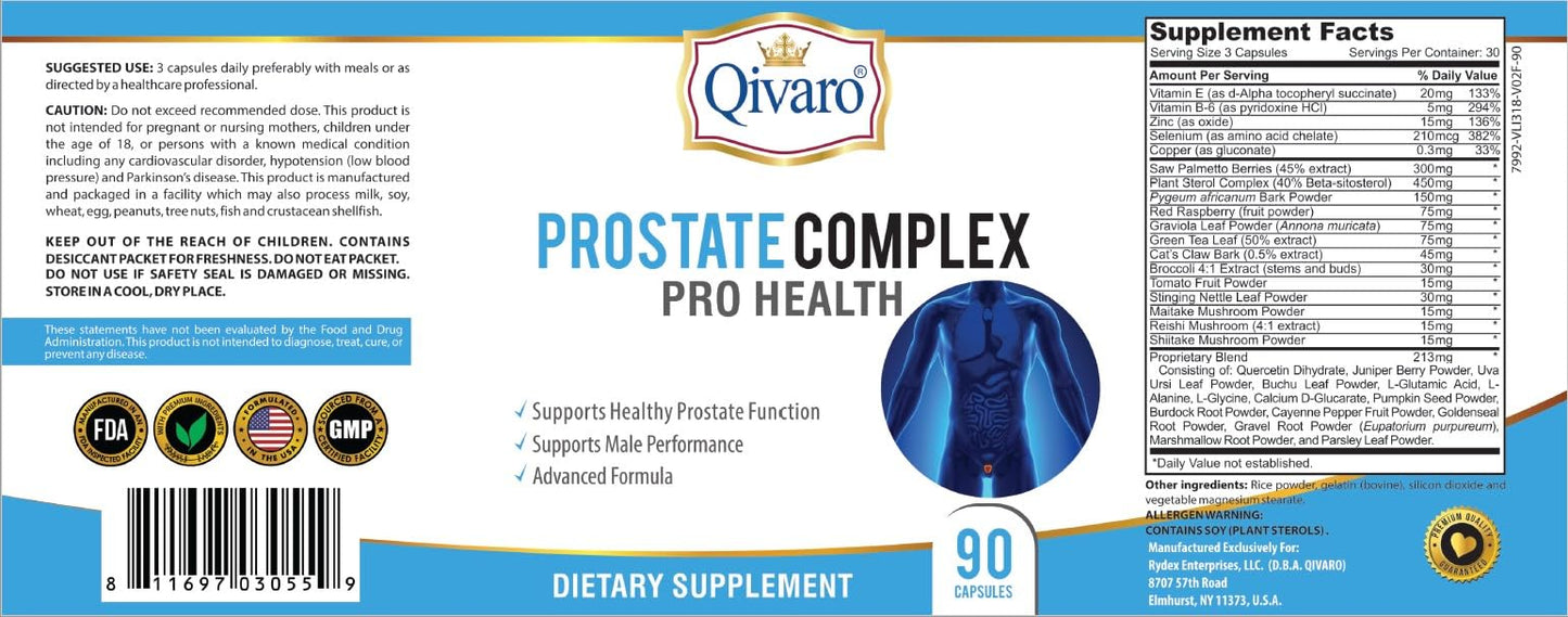 Qivaro Prostate Complex for Men โ Prostate Health Supplement (90 Capsules) โ Non-GMO, Gluten Free
