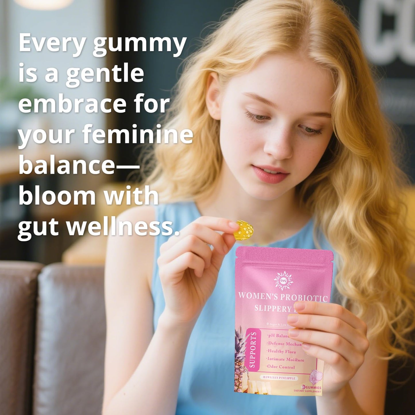 QVQ Women's Probiotic Slippery Elm Gummies โ Pineapple Flavor, 60 Gummies (2-Pack) | Gluten-Free, Vegan, pH Balance
