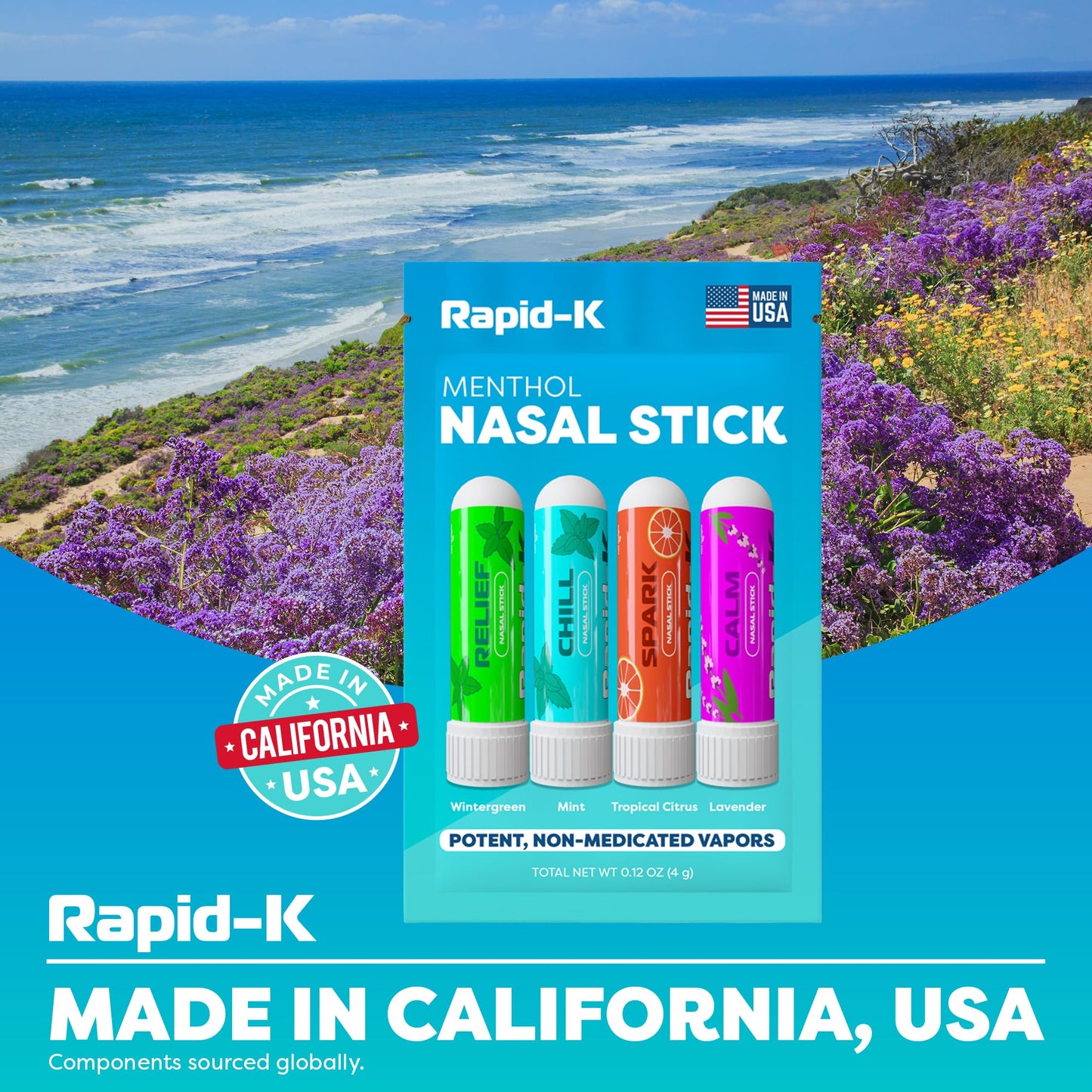 Rapid-K Nasal Sticks 4 Pack β Mint, Lavender, Tropical & Wintermint Inhalers for Quick Breathing Comfort