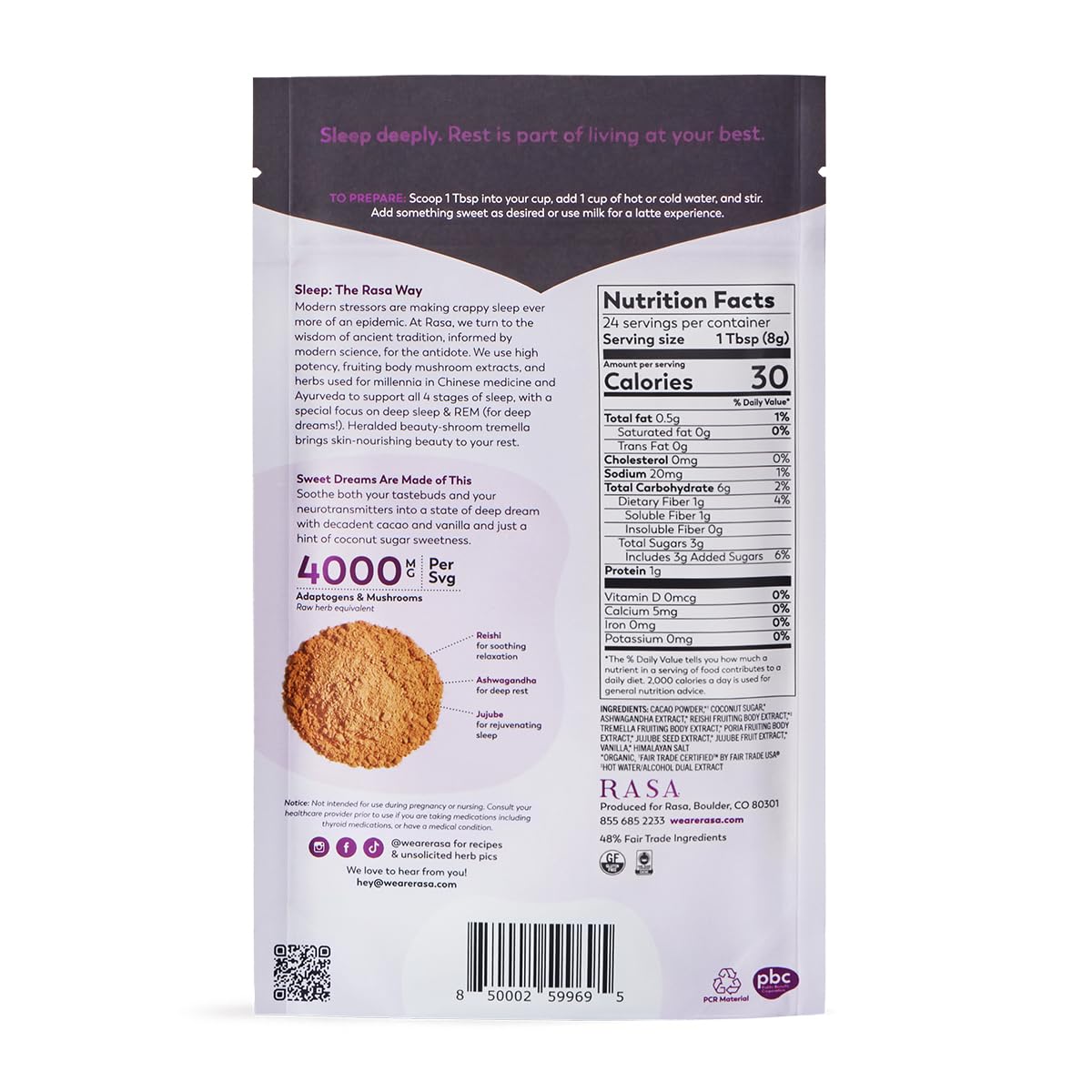 Rasa Deep Dream Cacao โ Adaptogenic Sleep Blend | Vegan, Gluten Free with Reishi + Ashwagandha + Jujube (6.77 oz / 24 Servings)