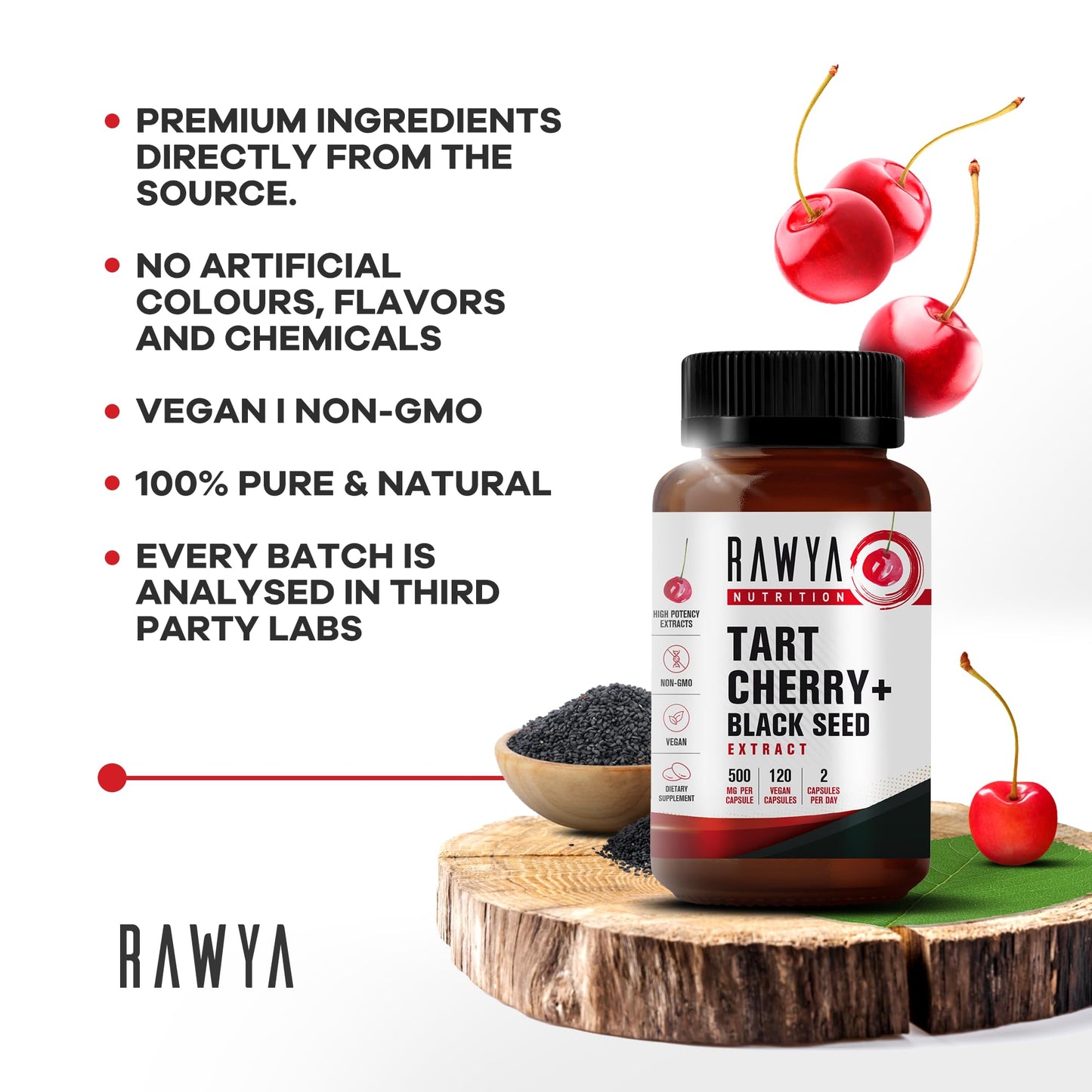 RAWYA Tart Cherry & Black Seed Oil โ 500mg Capsules | Gluten Free 120 Count