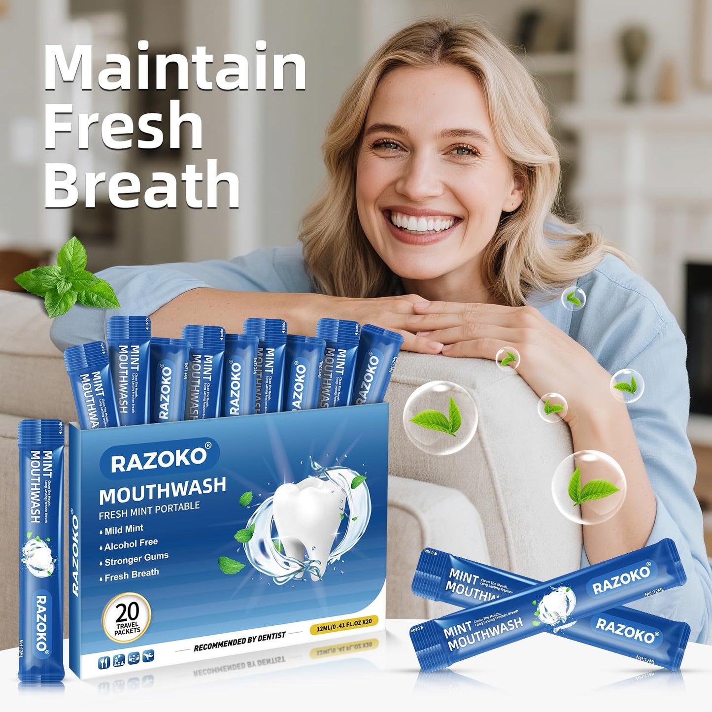 RAZOKO Mouthwash Travel Size Strips โ Alcohol & Fluoride Free, Portable Fresh Mint