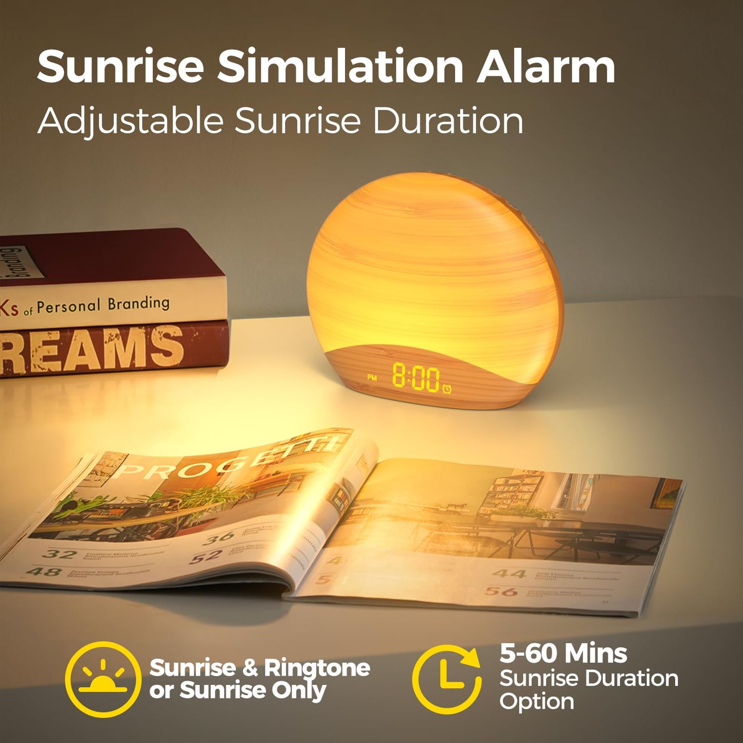 REACHER Natural Wood Grain Sunrise Alarm Clock β 26 Sleep Sounds, Dimmable Night Light
